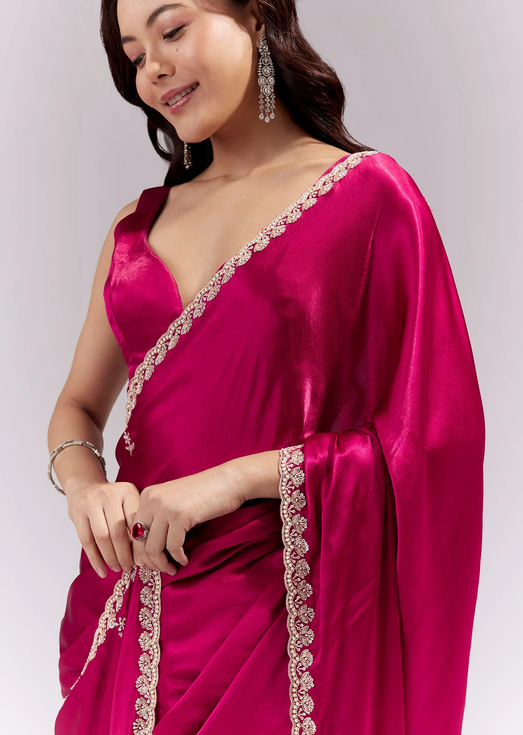 Coral Red Satin Chinon Saree With Scalloped Moti Embroidered Border And Buttis