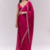 Coral Red Satin Chinon Saree With Scalloped Moti Embroidered Border And Buttis