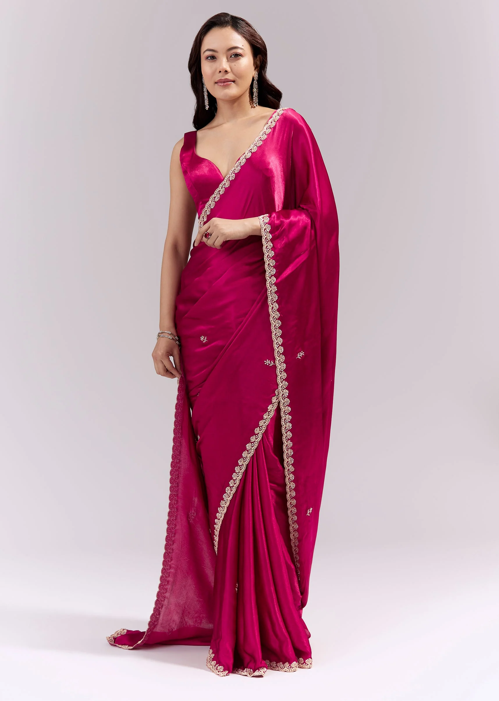 Coral Red Satin Chinon Saree With Scalloped Moti Embroidered Border And Buttis