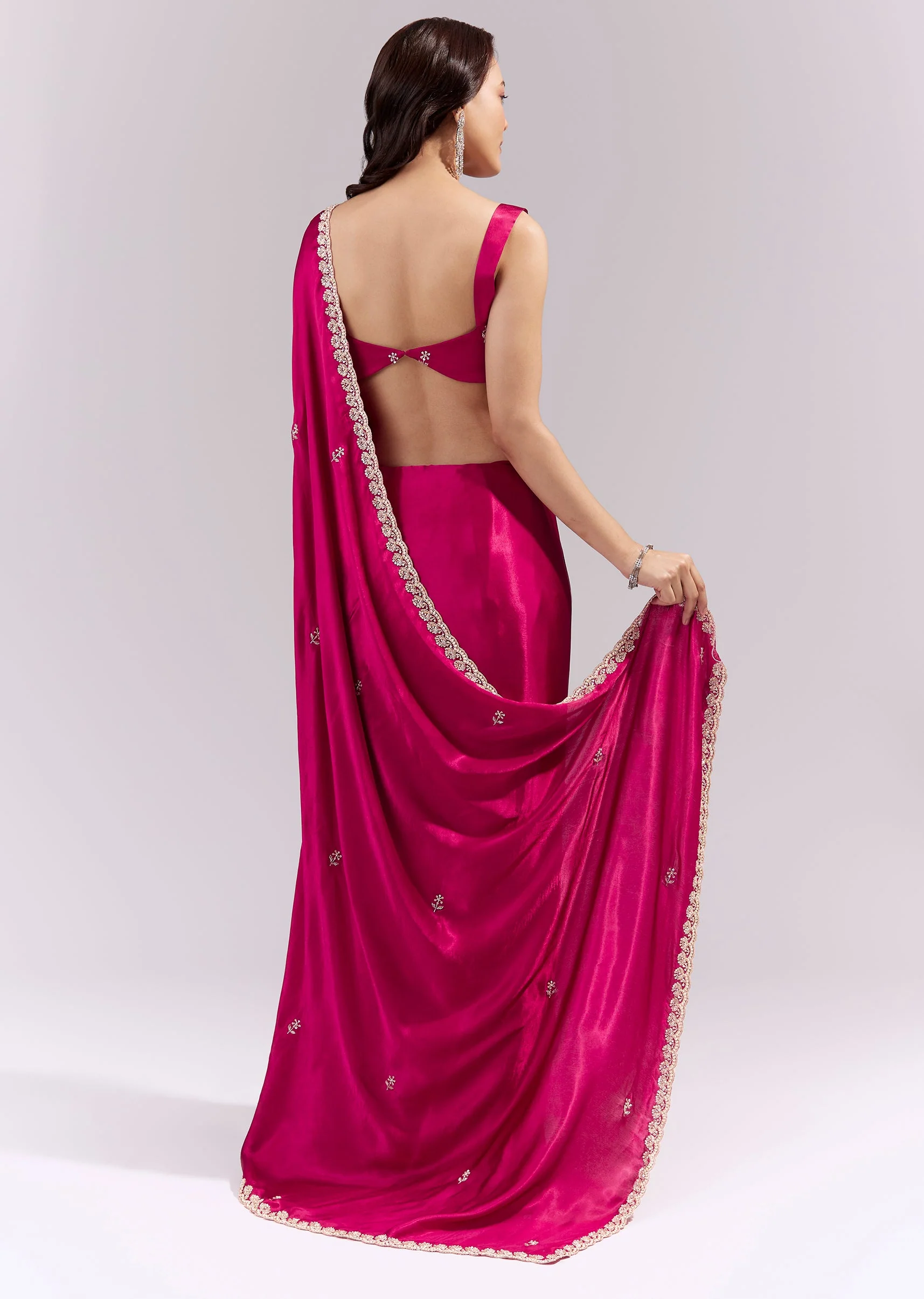 Coral Red Satin Chinon Saree With Scalloped Moti Embroidered Border And Buttis