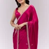 Coral Red Satin Chinon Saree With Scalloped Moti Embroidered Border And Buttis