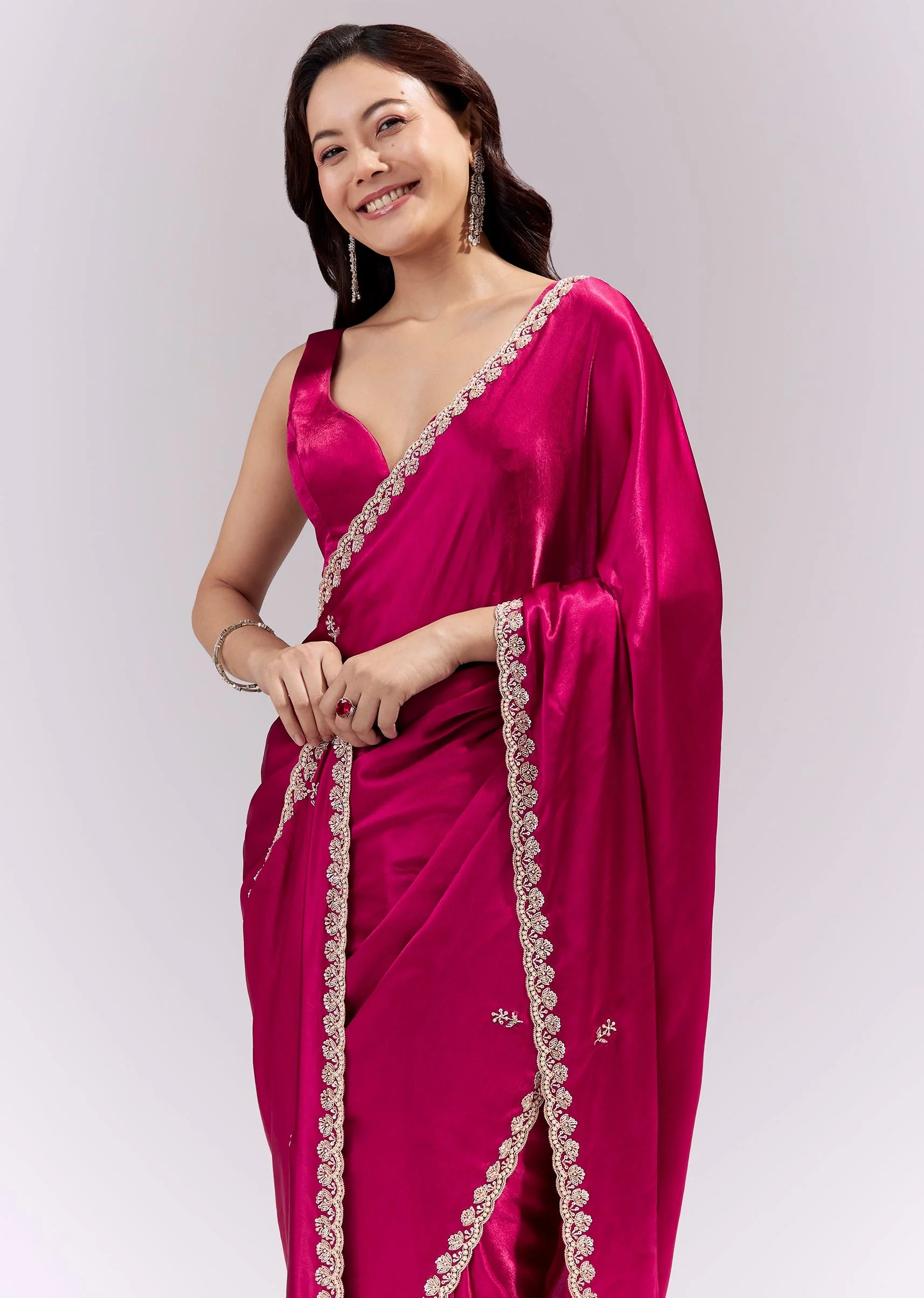Coral Red Satin Chinon Saree With Scalloped Moti Embroidered Border And Buttis
