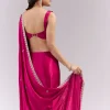 Coral Red Satin Chinon Saree With Scalloped Moti Embroidered Border And Buttis