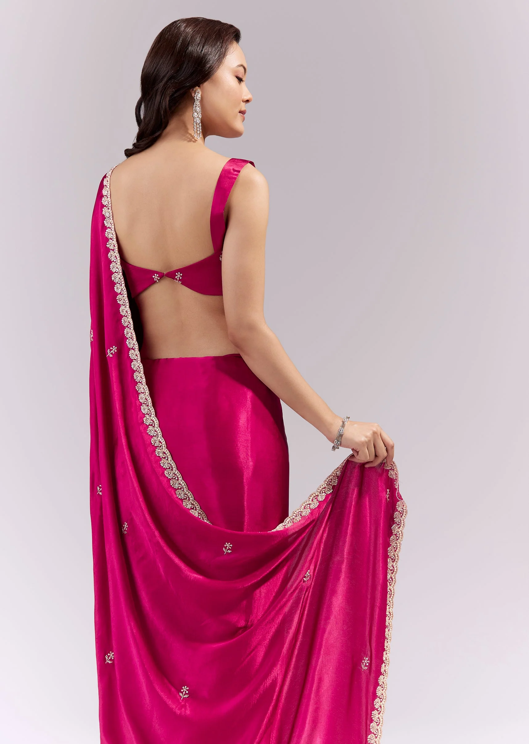 Coral Red Satin Chinon Saree With Scalloped Moti Embroidered Border And Buttis