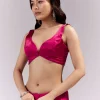 Coral Red Satin Chinon Saree With Scalloped Moti Embroidered Border And Buttis