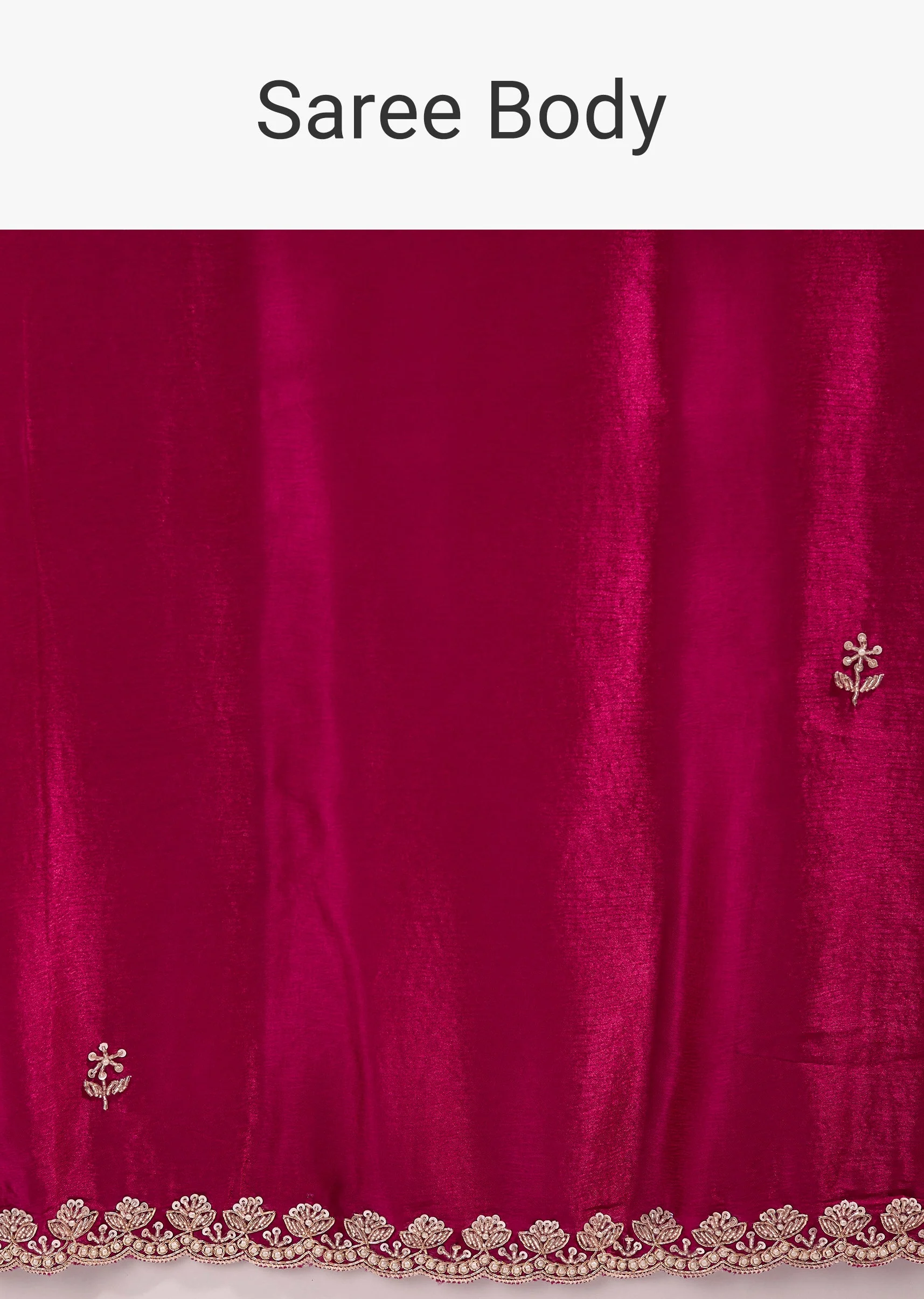 Coral Red Satin Chinon Saree With Scalloped Moti Embroidered Border And Buttis
