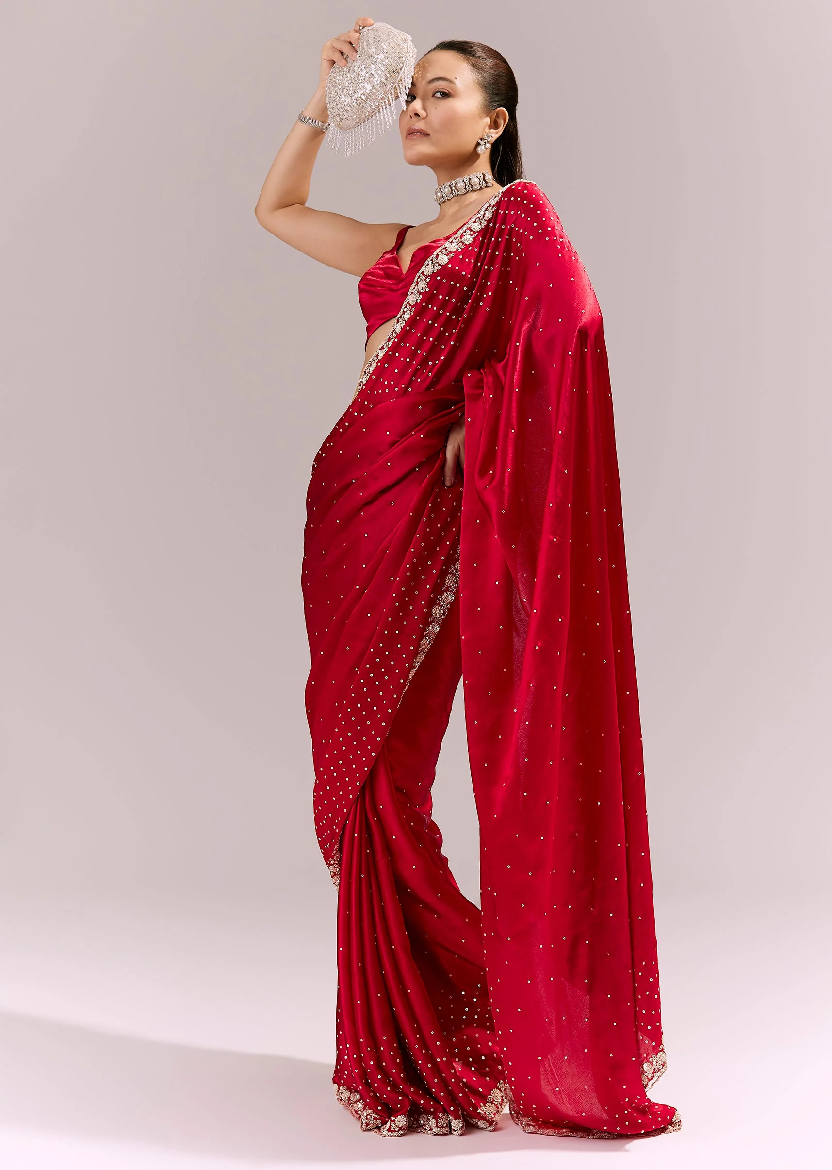 6692-red-satin-chinon-saree-with-all-over-sequin-embellishment-1.webp Red Satin Chinon Saree With All Over Sequin Embellishment