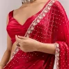 Red Satin Chinon Saree With All Over Sequin Embellishment