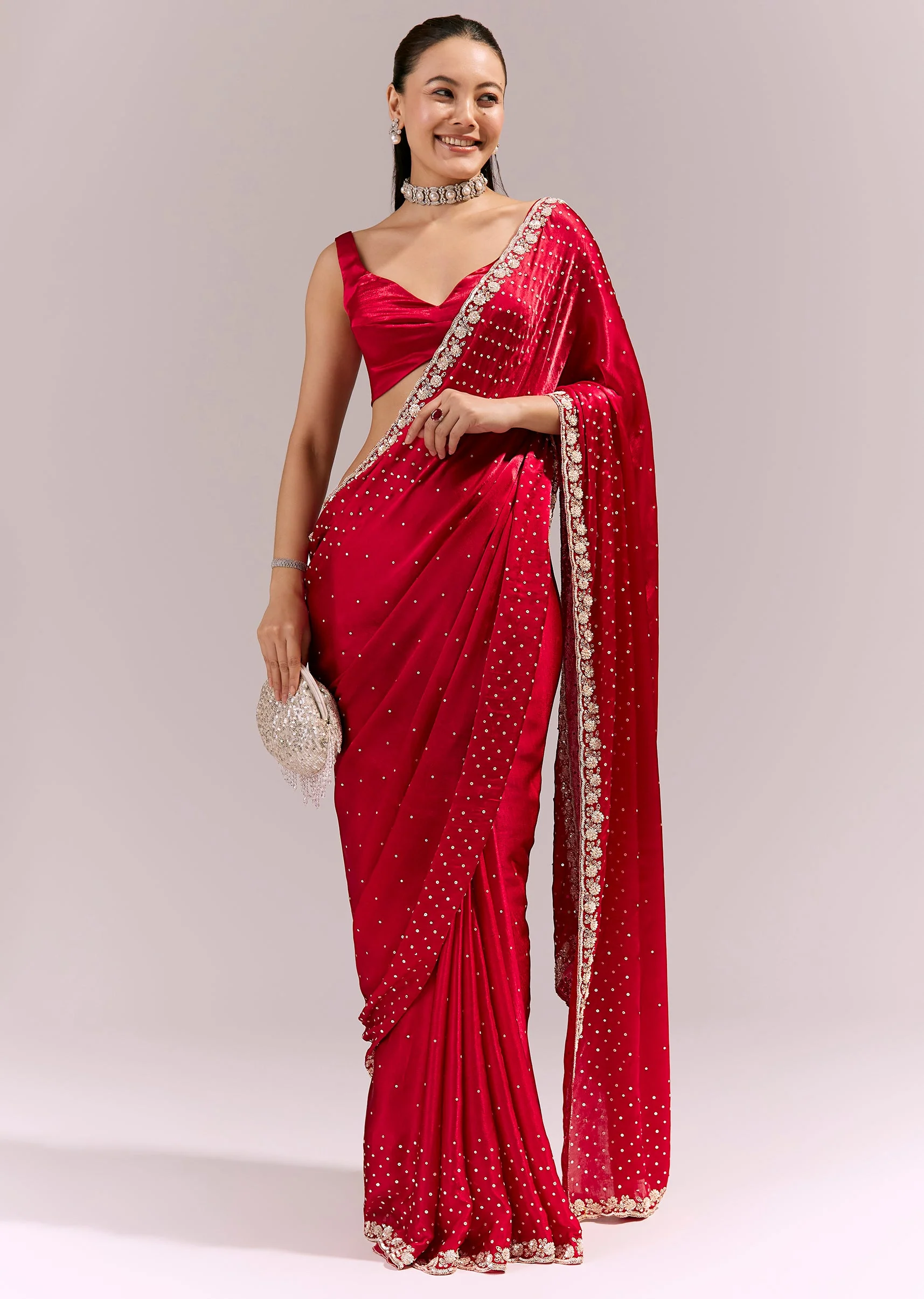 Red Satin Chinon Saree With All Over Sequin Embellishment