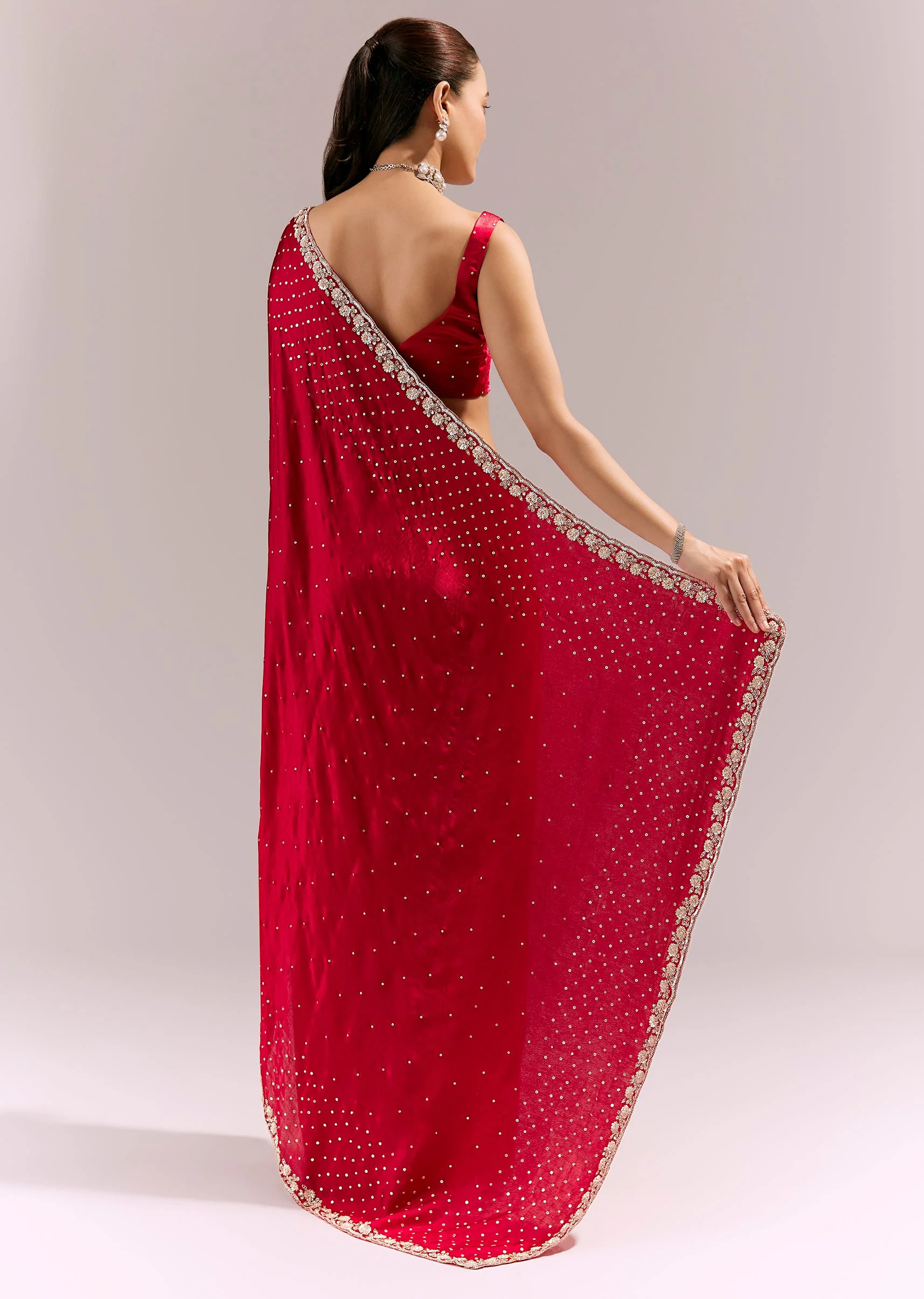 Red Satin Chinon Saree With All Over Sequin Embellishment