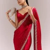 Red Satin Chinon Saree With All Over Sequin Embellishment