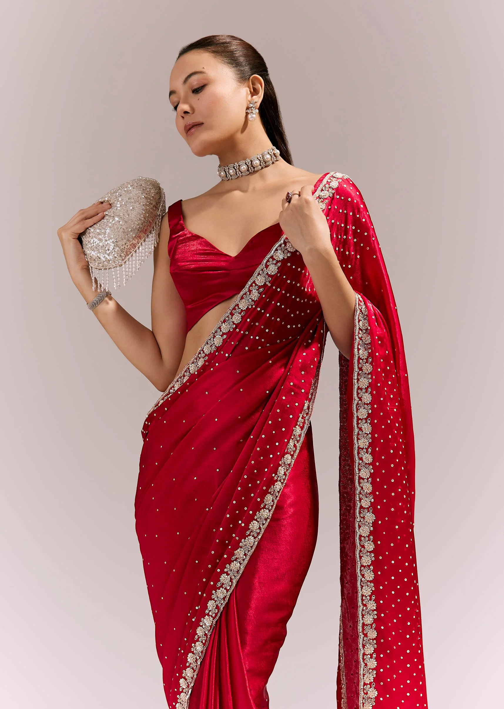 Red Satin Chinon Saree With All Over Sequin Embellishment