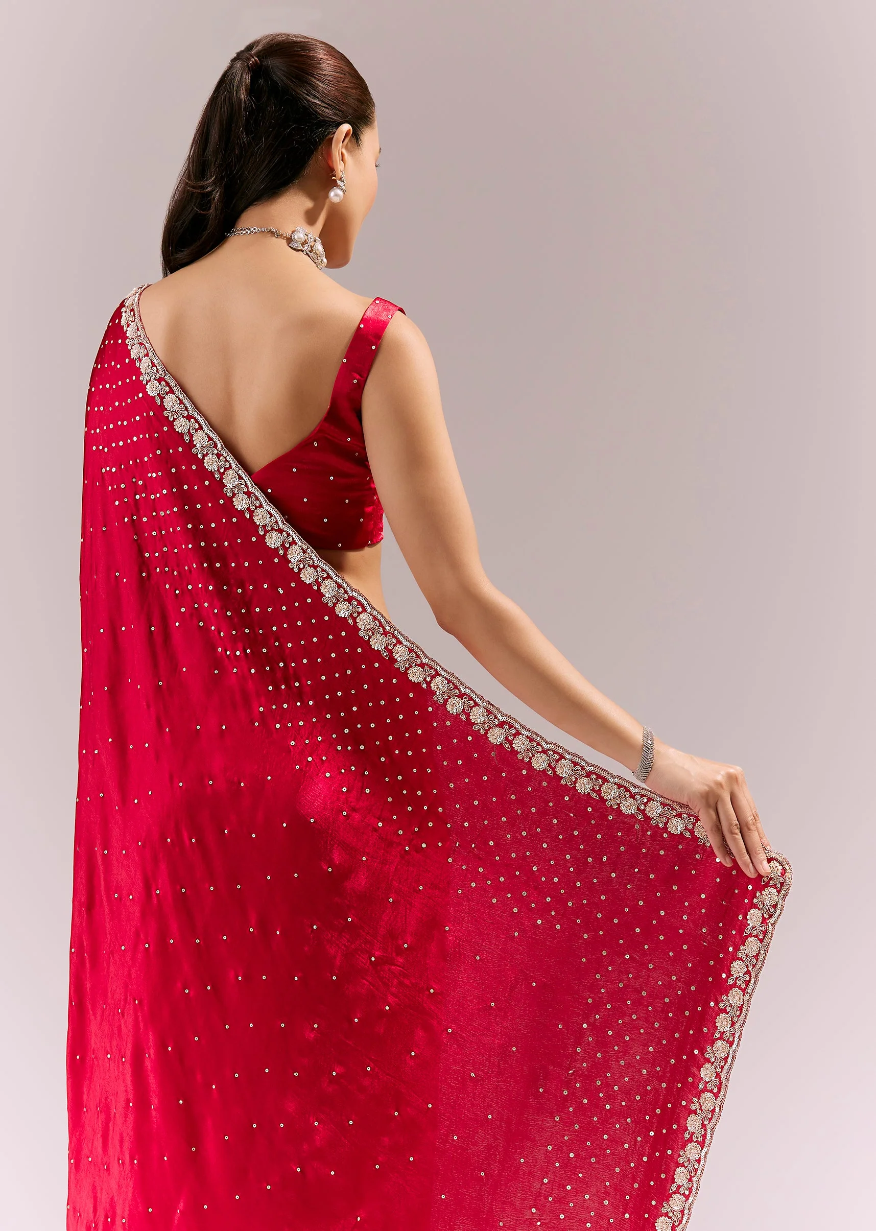 Red Satin Chinon Saree With All Over Sequin Embellishment