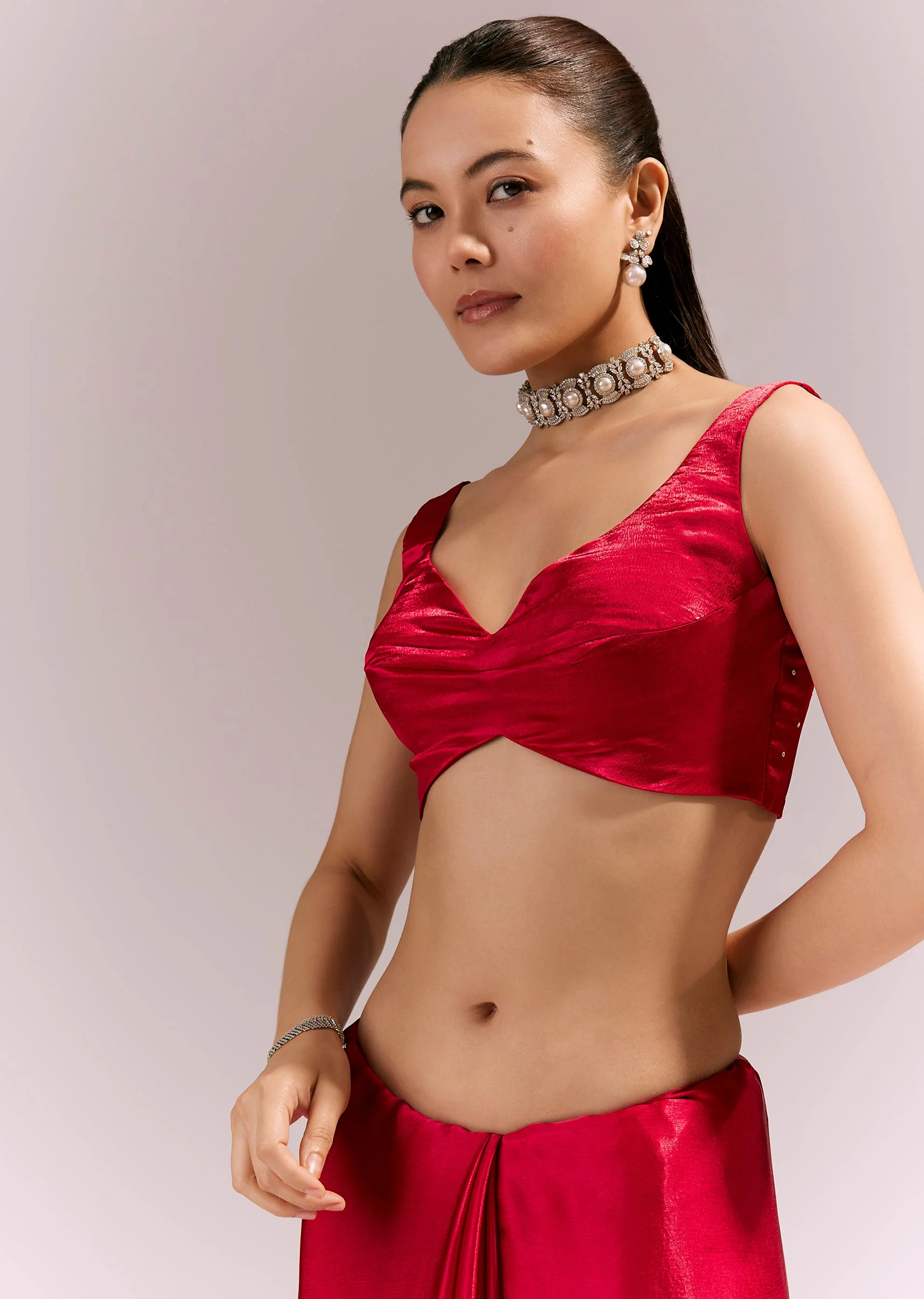 Red Satin Chinon Saree With All Over Sequin Embellishment