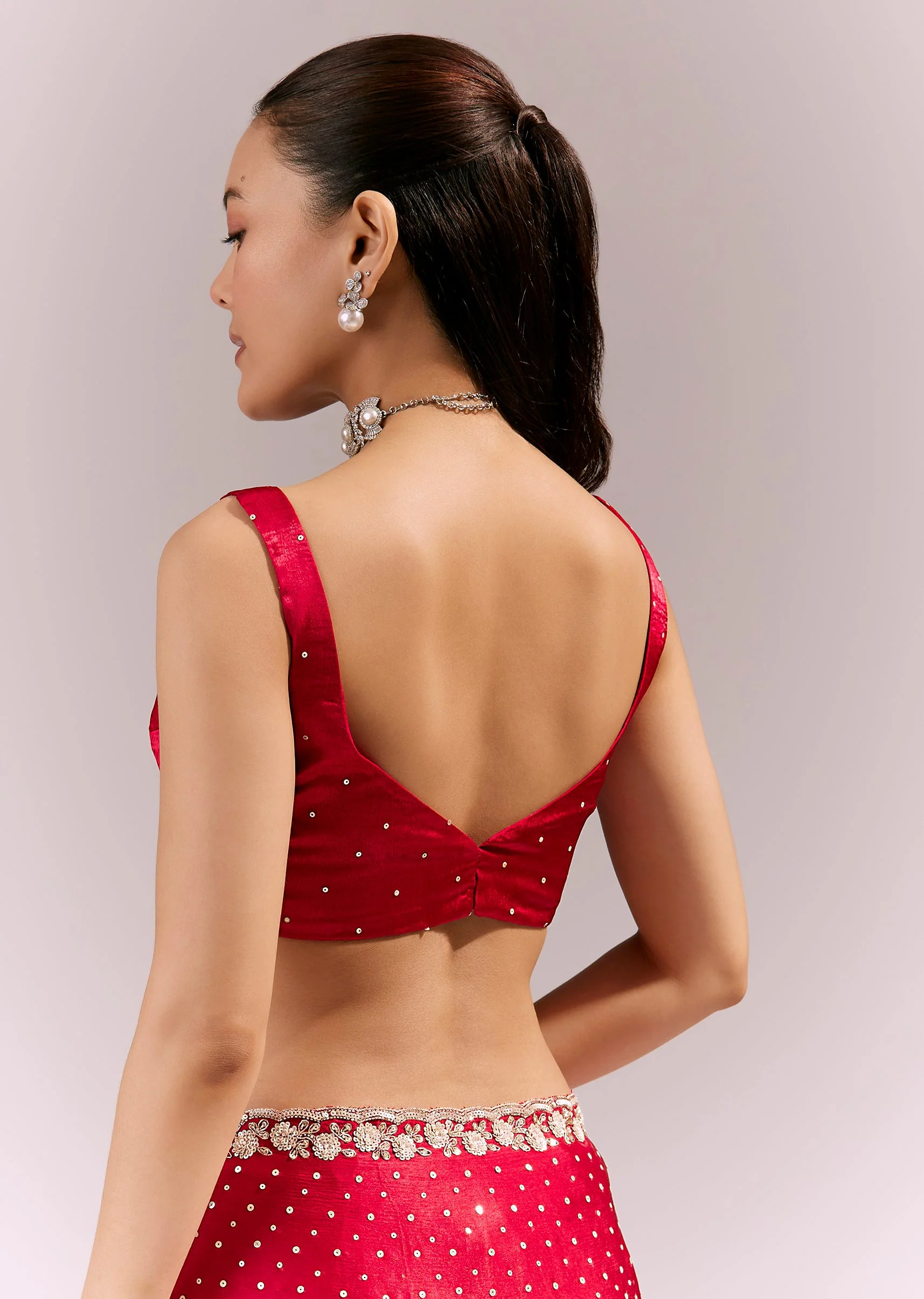 Red Satin Chinon Saree With All Over Sequin Embellishment