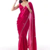 Rani Pink Satin Chinon Saree With Mirror And Bead Embroidered Border