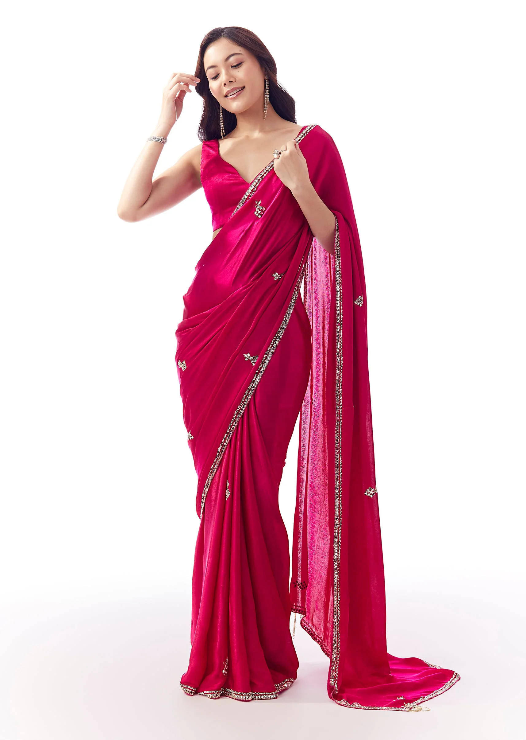 6703-rani-pink-satin-chinon-saree-with-mirror-and-bead-embroidered-border-1.webp Rani Pink Satin Chinon Saree With Mirror And Bead Embroidered Border