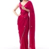 Rani Pink Satin Chinon Saree With Mirror And Bead Embroidered Border