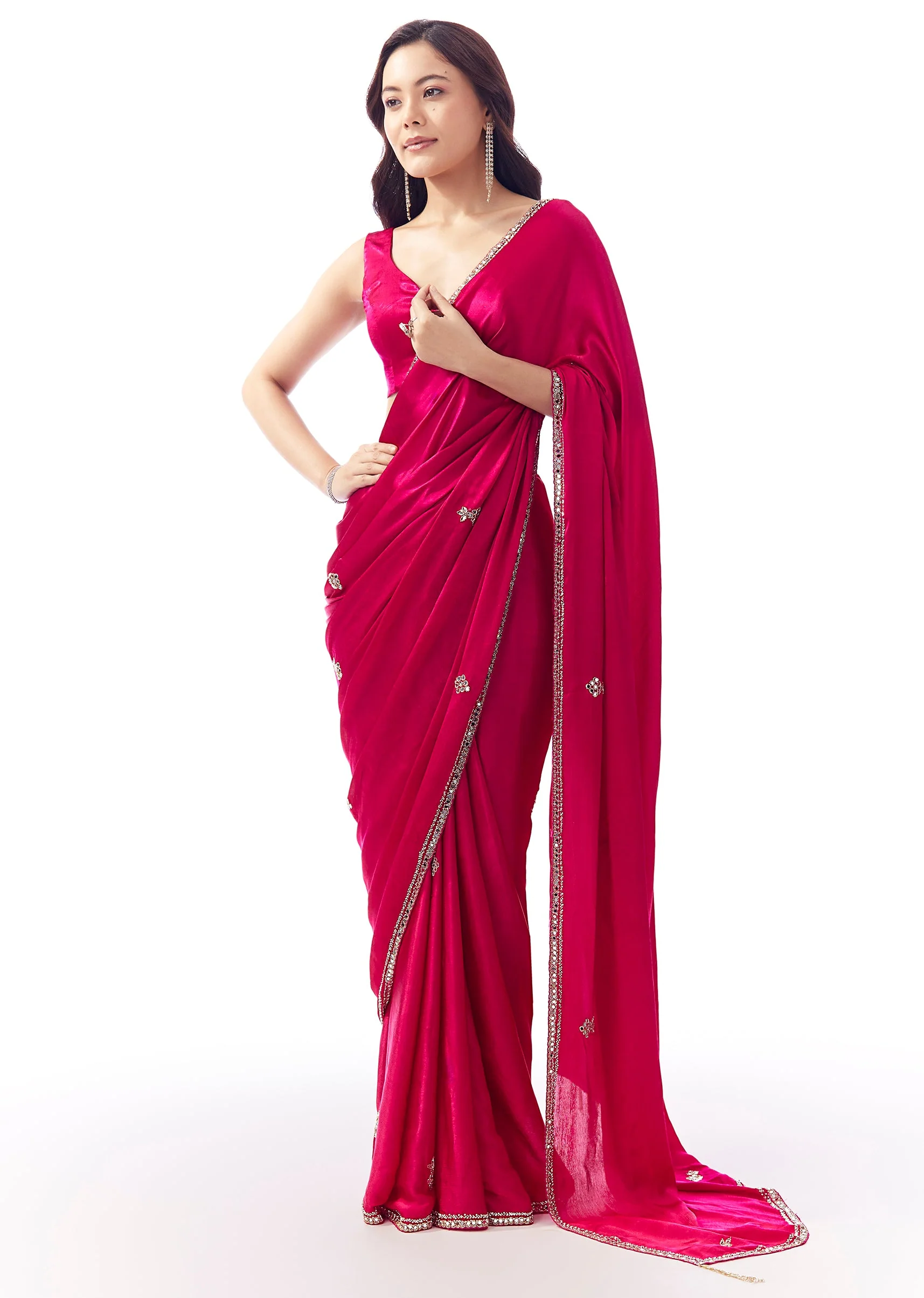 Rani Pink Satin Chinon Saree With Mirror And Bead Embroidered Border