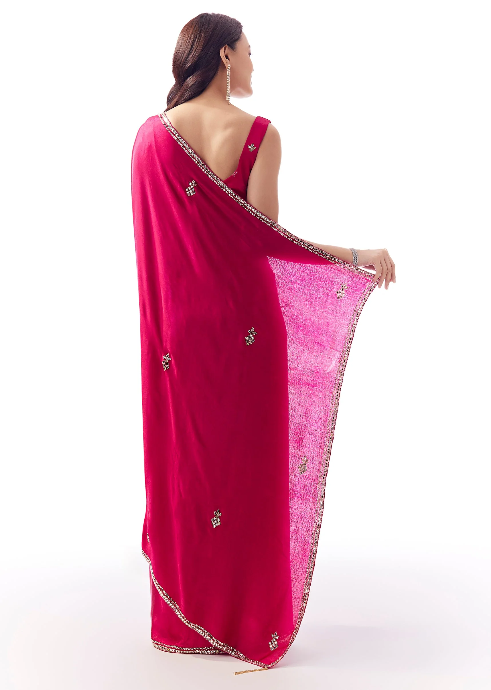 Rani Pink Satin Chinon Saree With Mirror And Bead Embroidered Border