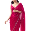 Rani Pink Satin Chinon Saree With Mirror And Bead Embroidered Border