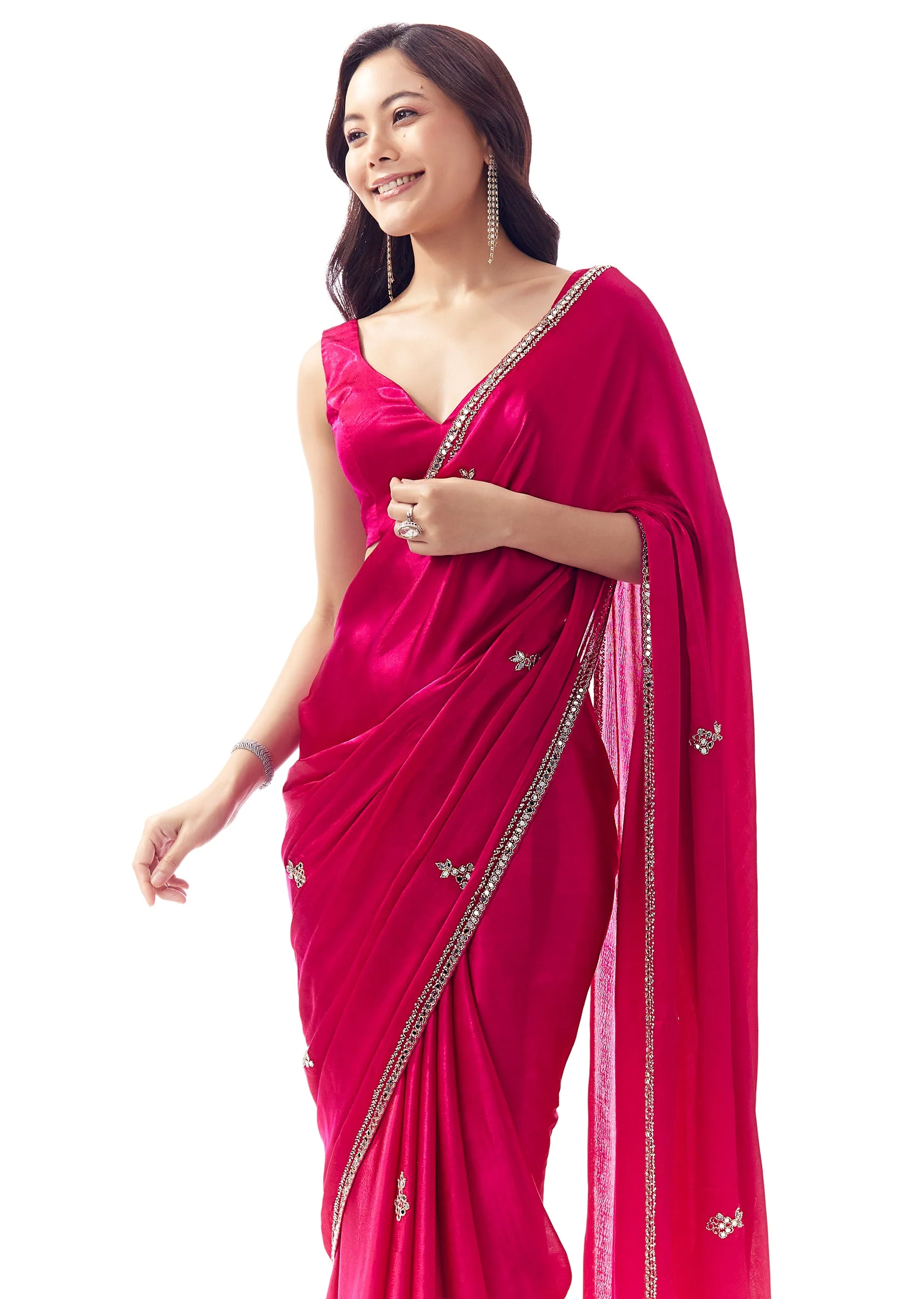 Rani Pink Satin Chinon Saree With Mirror And Bead Embroidered Border