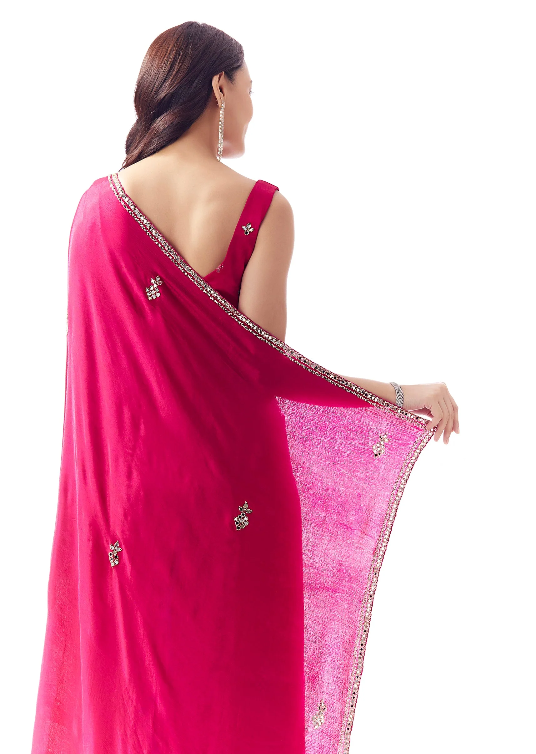 Rani Pink Satin Chinon Saree With Mirror And Bead Embroidered Border