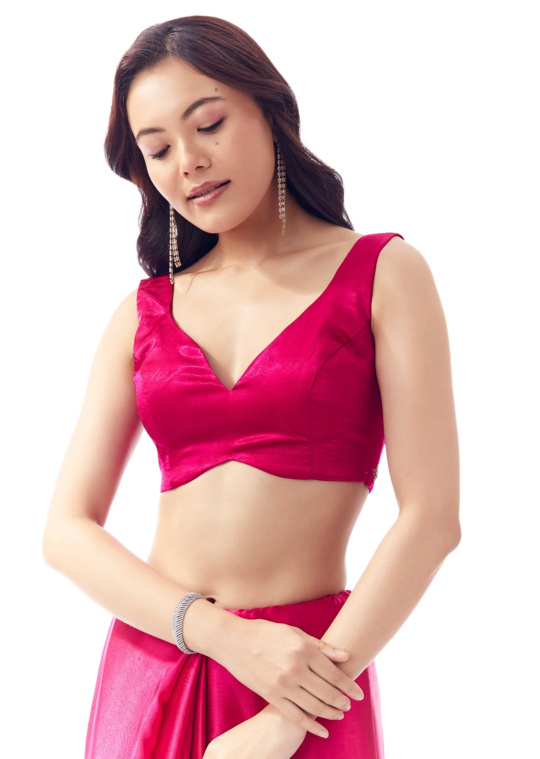 Rani Pink Satin Chinon Saree With Mirror And Bead Embroidered Border