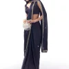 Navy Blue Satin Chinon Saree With Scalloped Moti Embroidered Border And Buttis