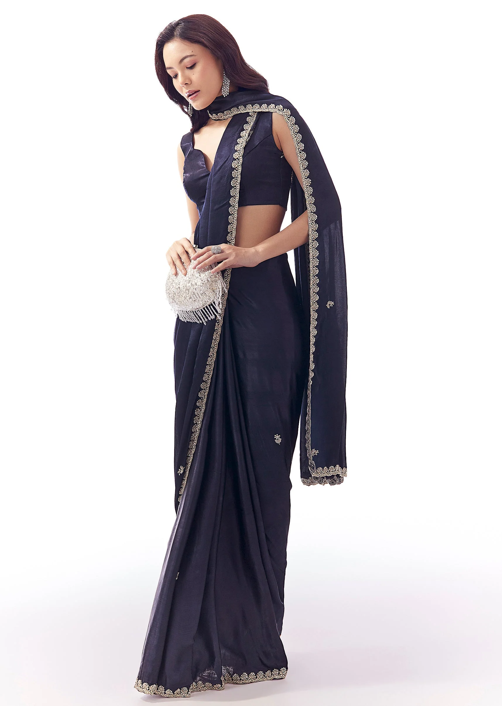Navy Blue Satin Chinon Saree With Scalloped Moti Embroidered Border And Buttis