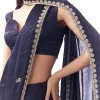 Navy Blue Satin Chinon Saree With Scalloped Moti Embroidered Border And Buttis