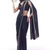 Navy Blue Satin Chinon Saree With Scalloped Moti Embroidered Border And Buttis