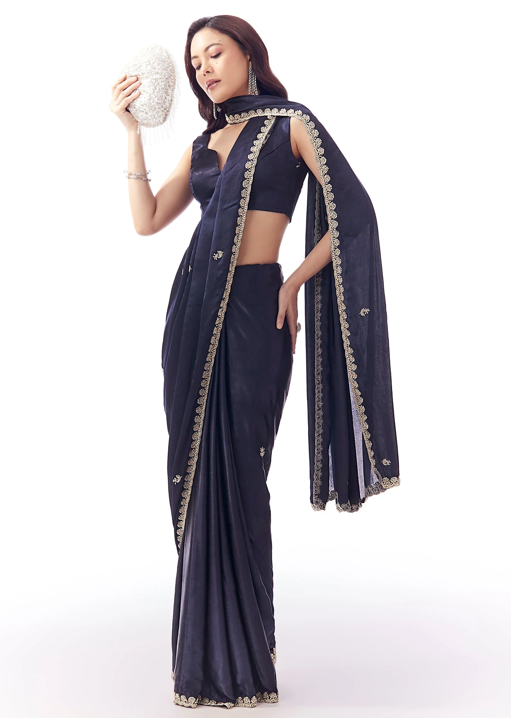 Navy Blue Satin Chinon Saree With Scalloped Moti Embroidered Border And Buttis
