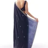 Navy Blue Satin Chinon Saree With Scalloped Moti Embroidered Border And Buttis