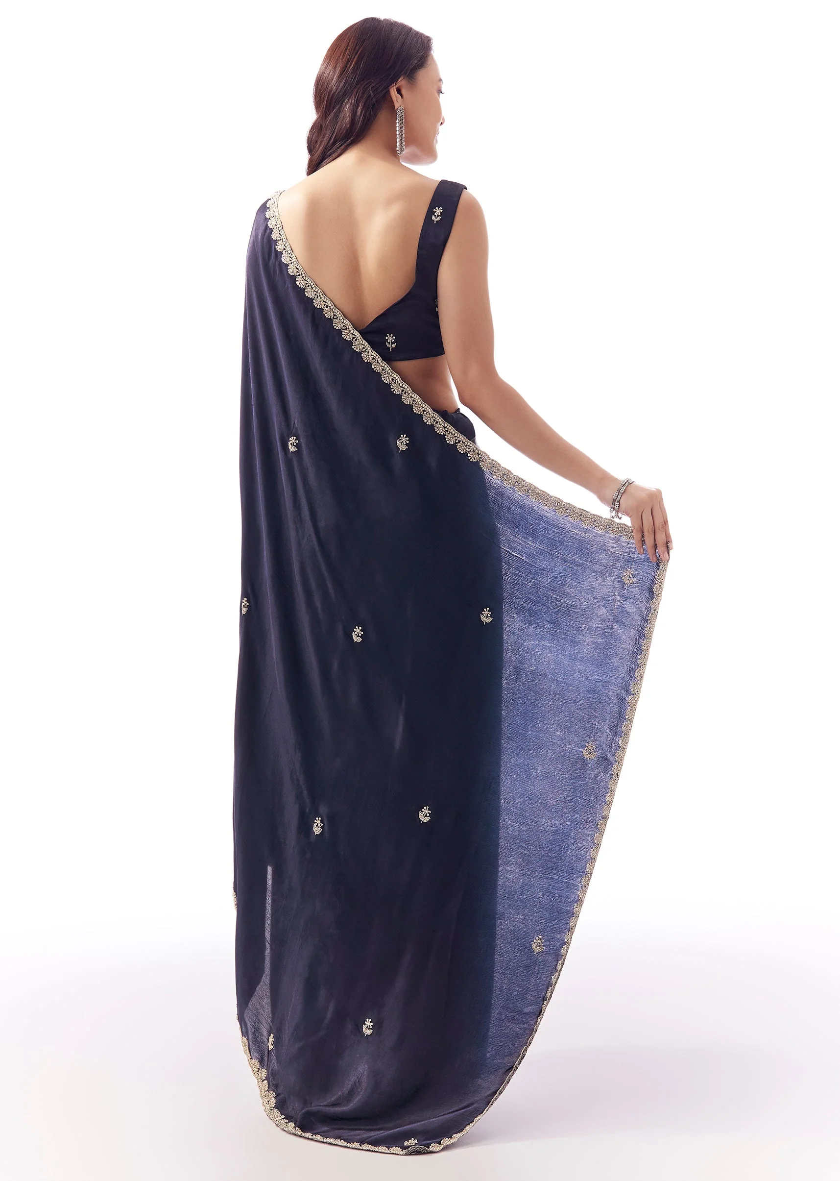 Navy Blue Satin Chinon Saree With Scalloped Moti Embroidered Border And Buttis