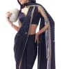 Navy Blue Satin Chinon Saree With Scalloped Moti Embroidered Border And Buttis