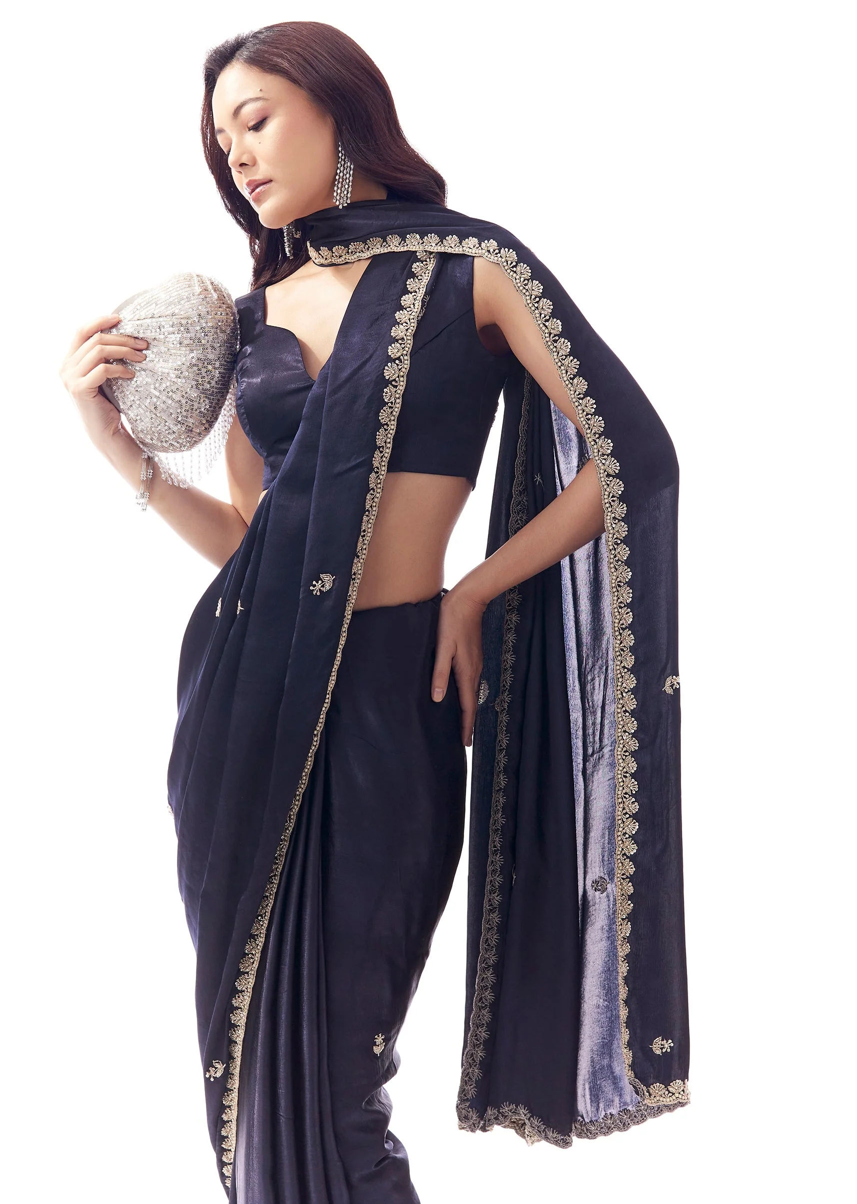 Navy Blue Satin Chinon Saree With Scalloped Moti Embroidered Border And Buttis