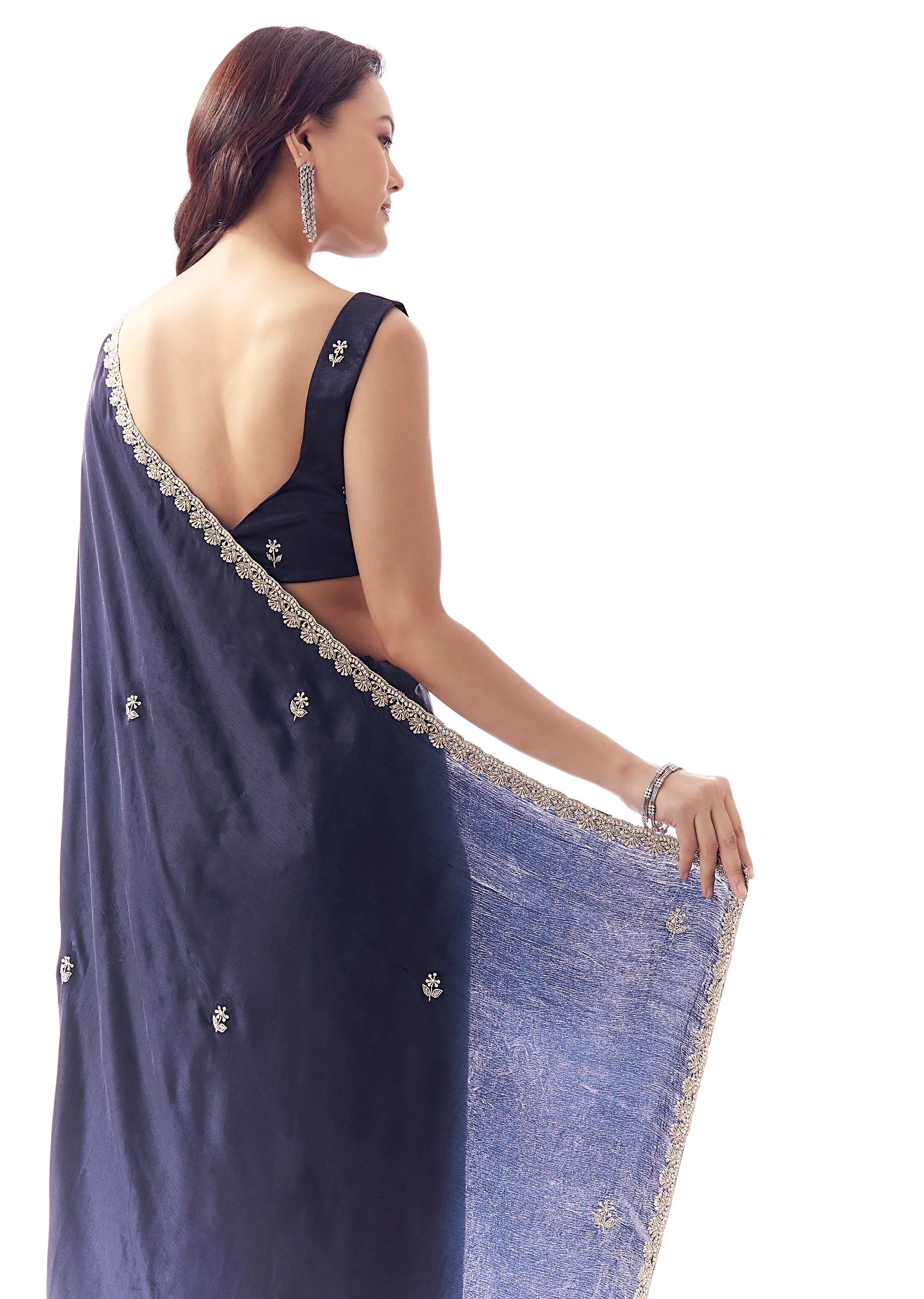 Navy Blue Satin Chinon Saree With Scalloped Moti Embroidered Border And Buttis