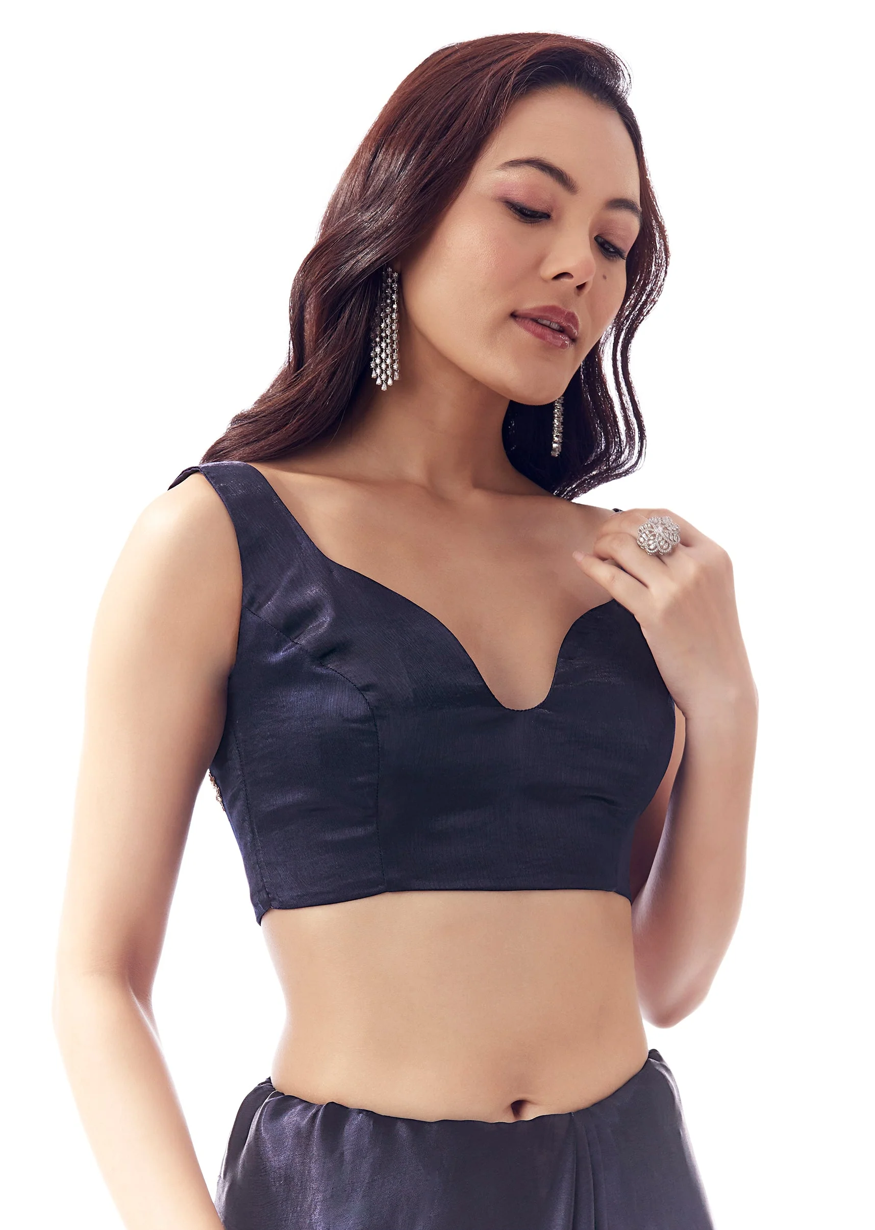 Navy Blue Satin Chinon Saree With Scalloped Moti Embroidered Border And Buttis