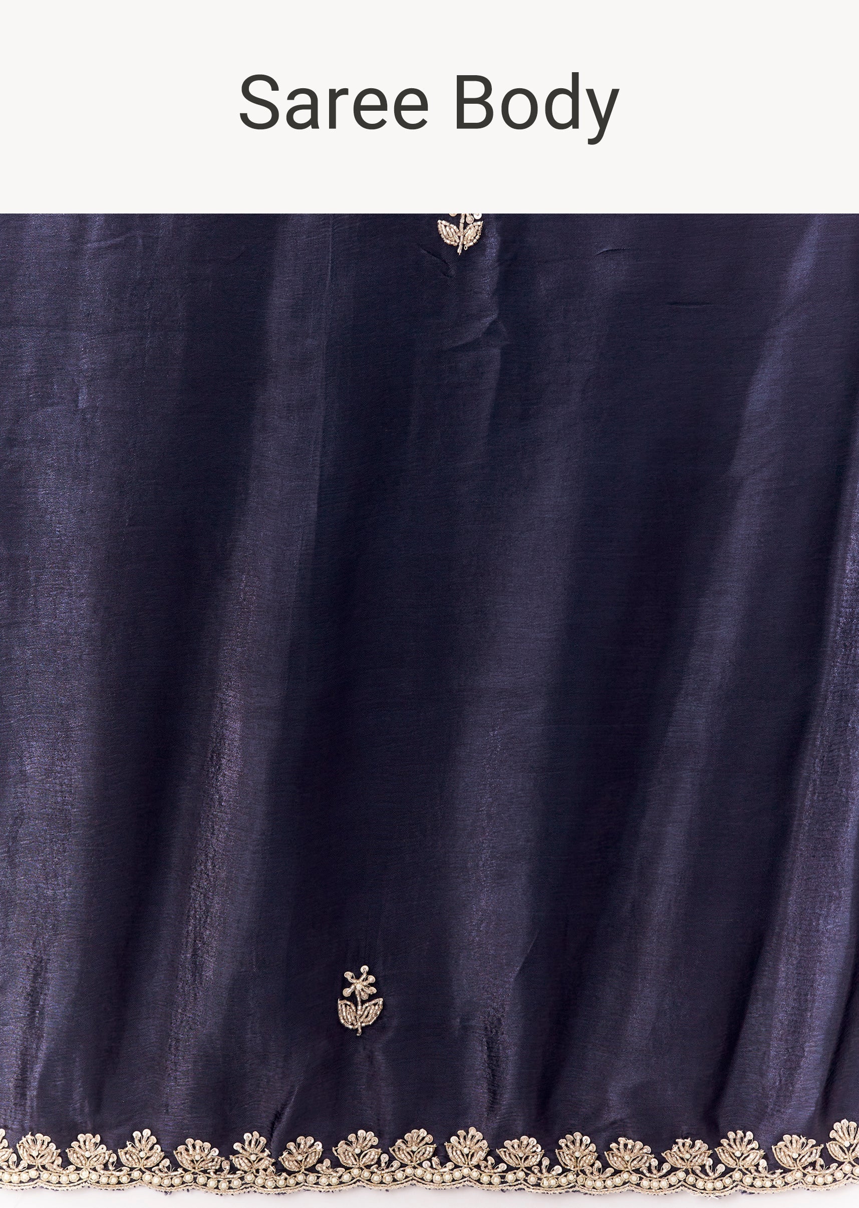 Navy Blue Satin Chinon Saree With Scalloped Moti Embroidered Border And Buttis