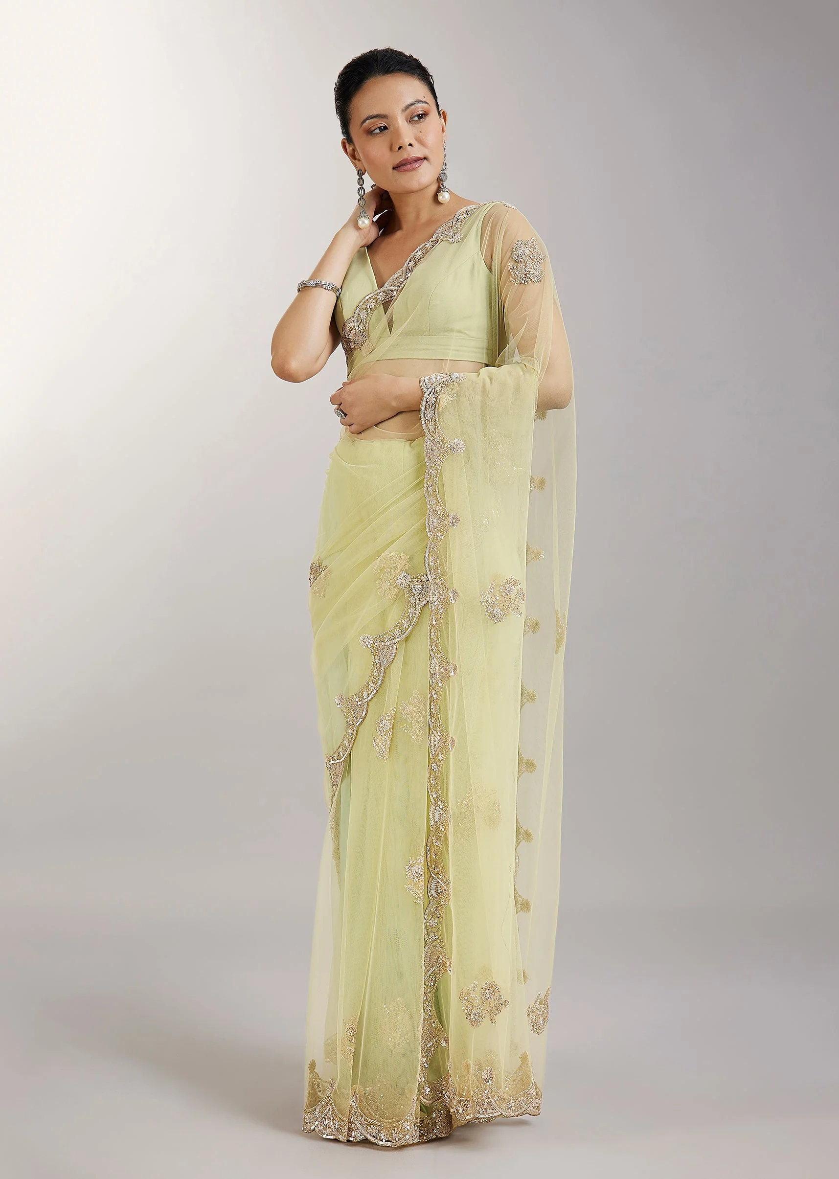 Lime Green Embellished Net Saree