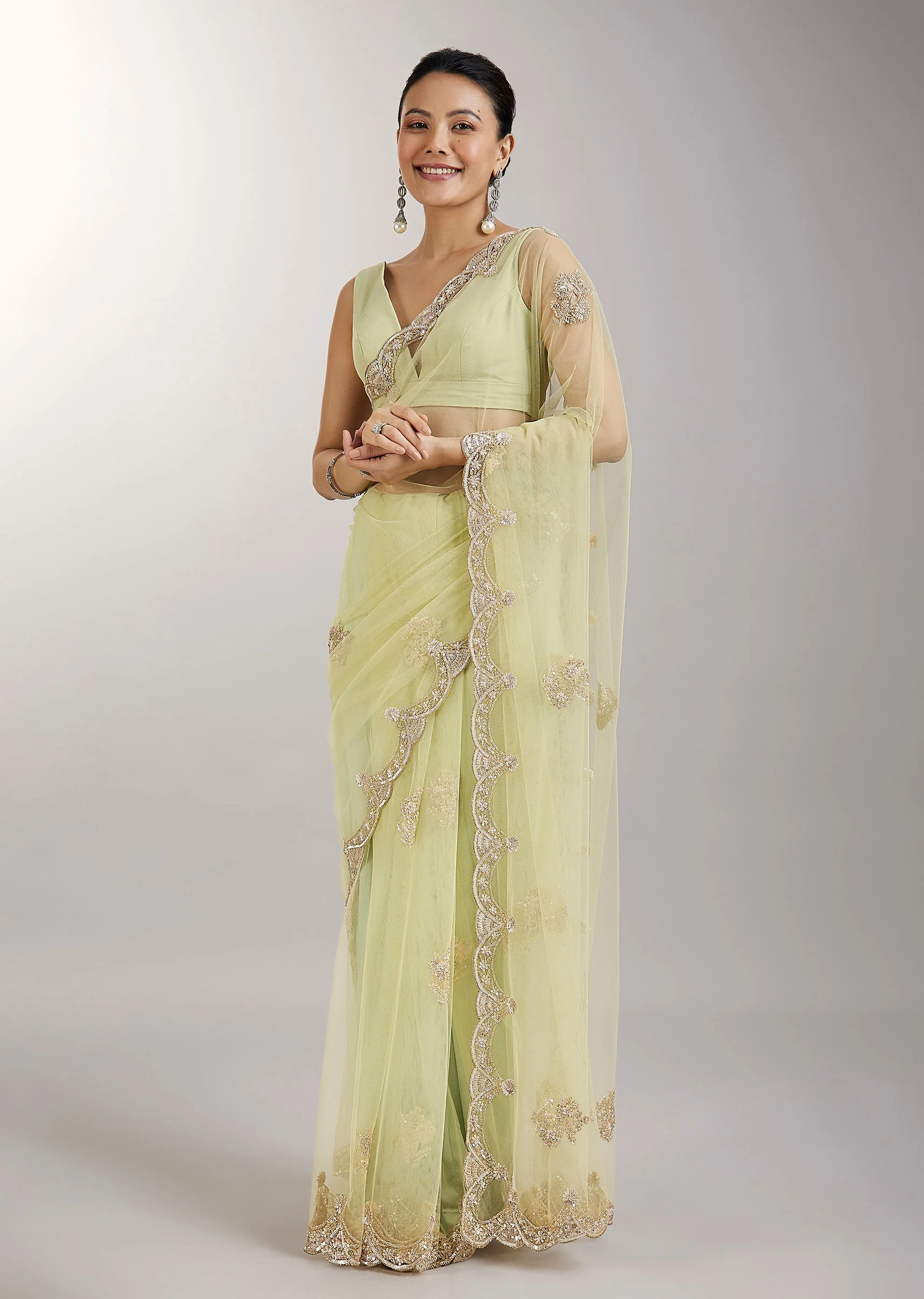 Lime Green Embellished Net Saree