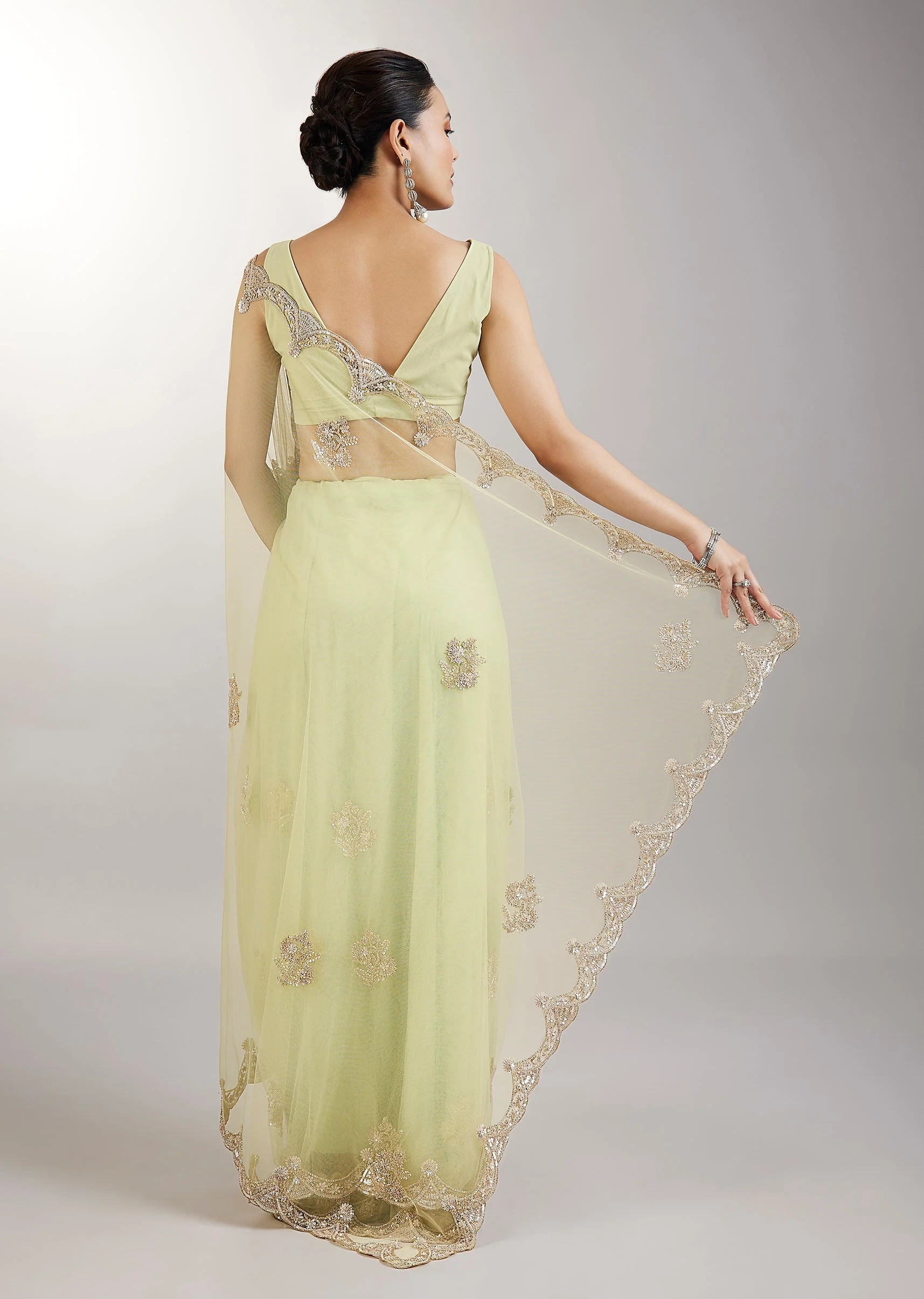 Lime Green Embellished Net Saree