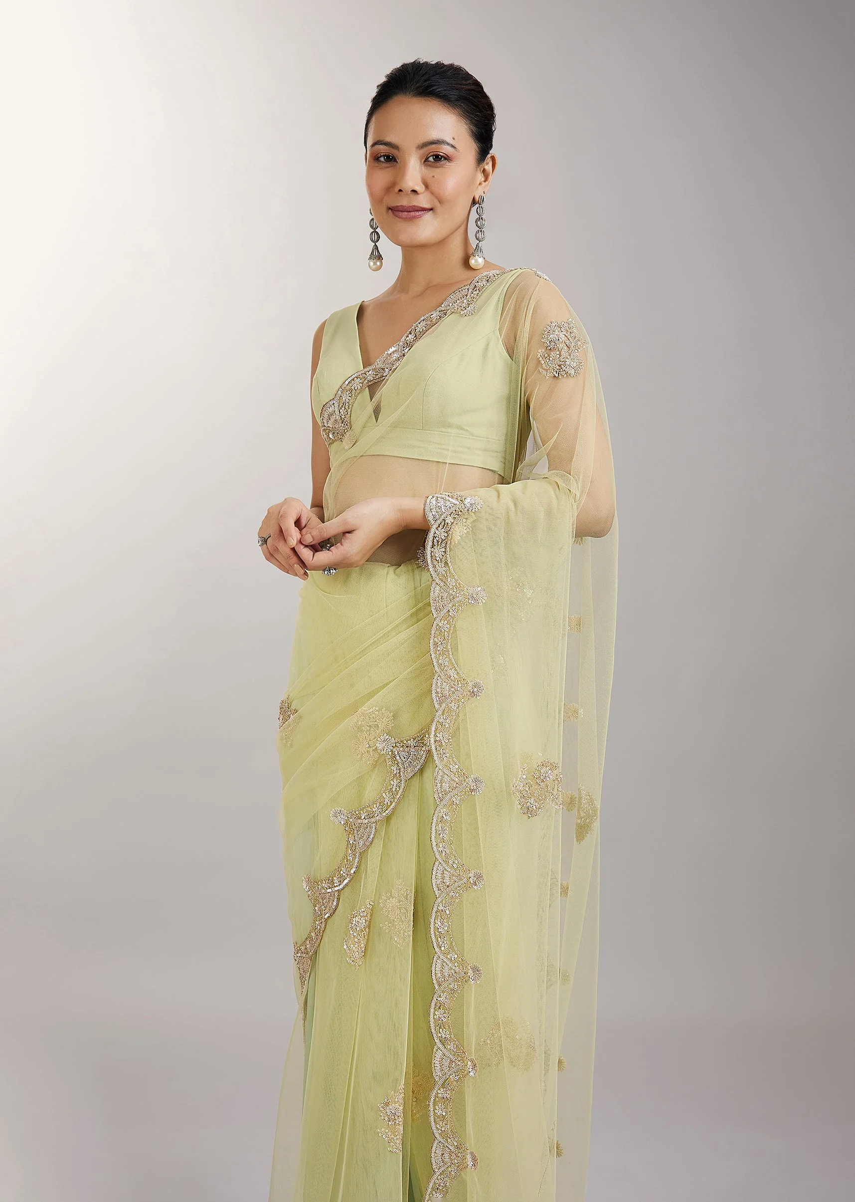 Lime Green Embellished Net Saree