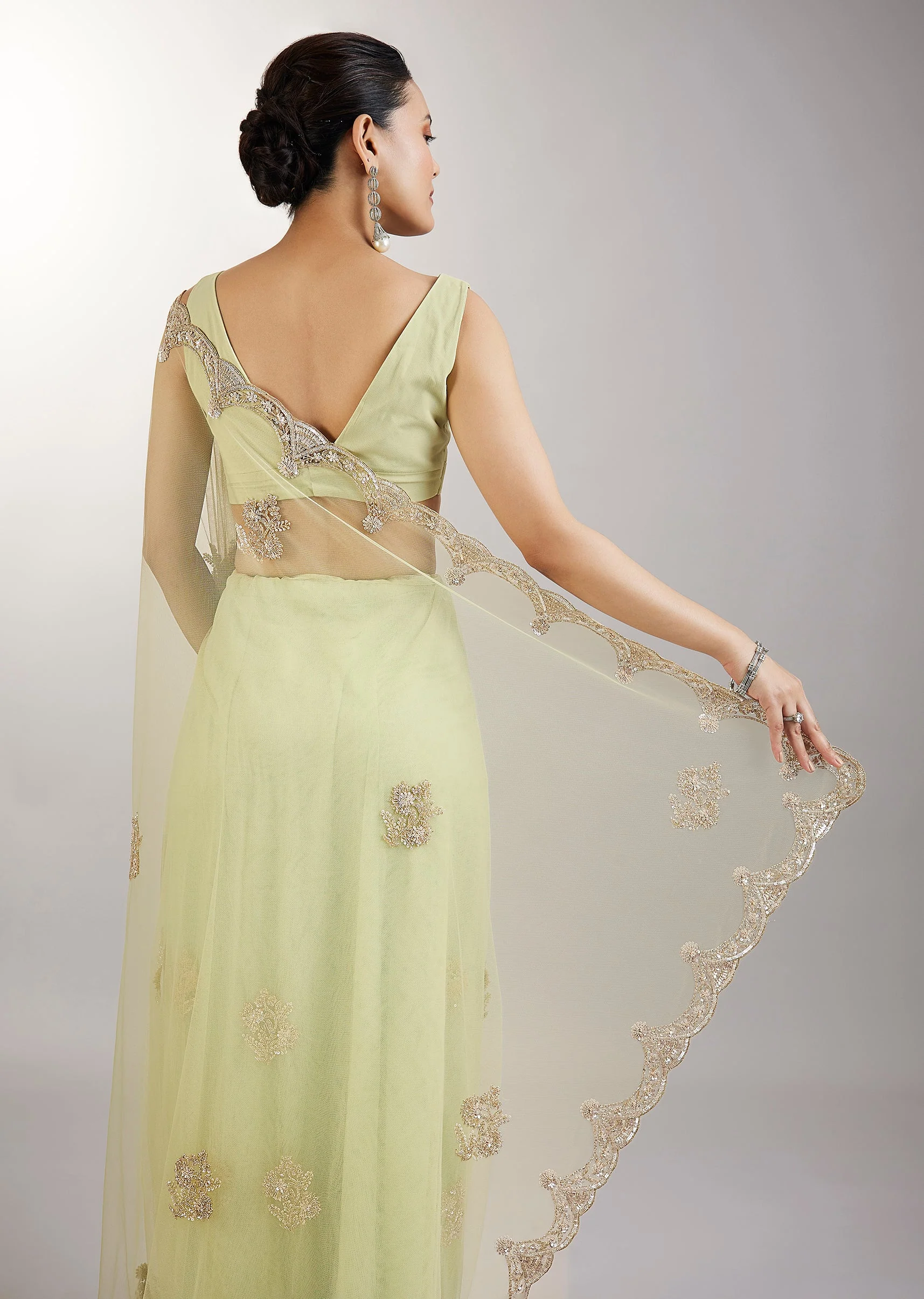 Lime Green Embellished Net Saree