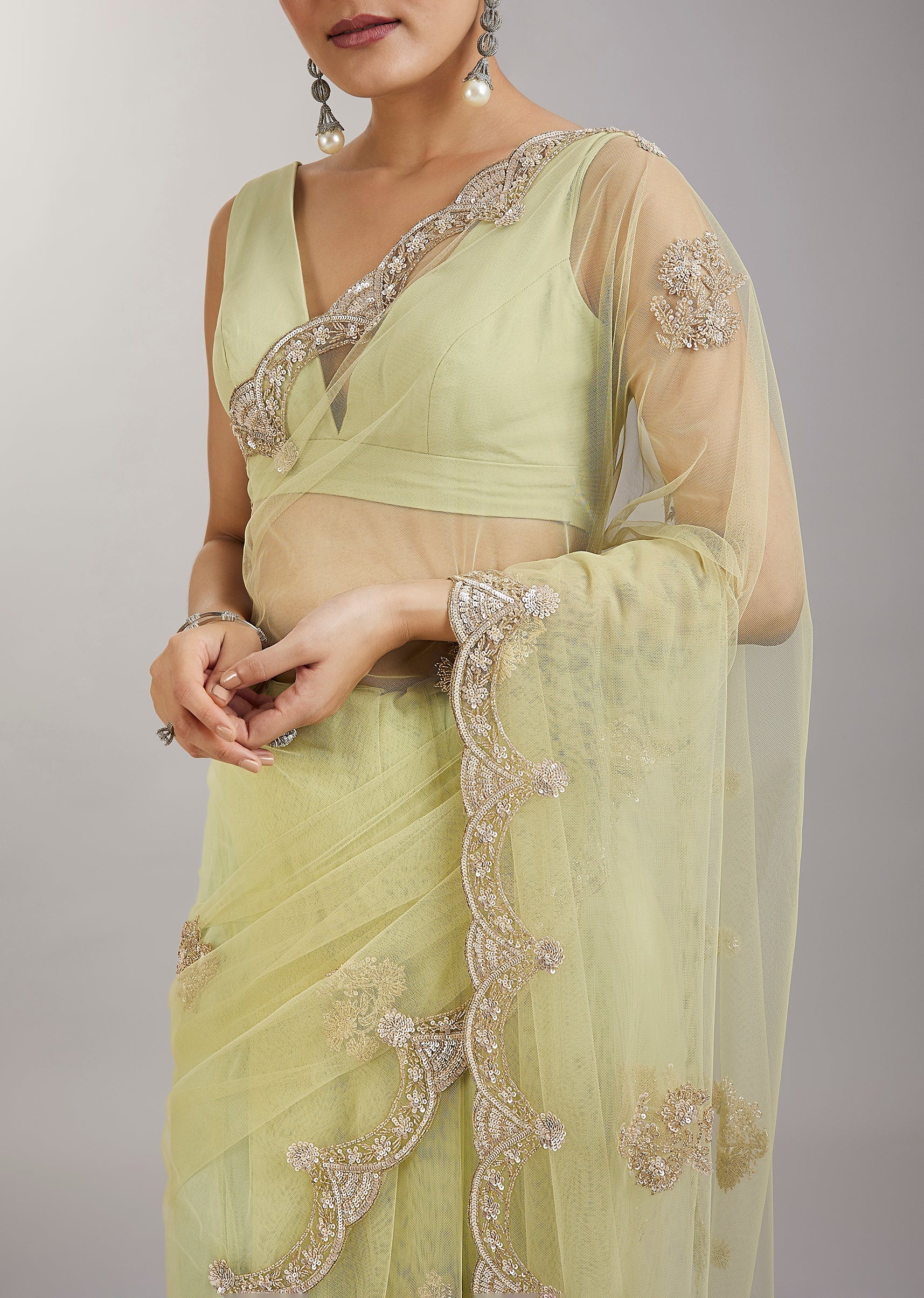 Lime Green Embellished Net Saree