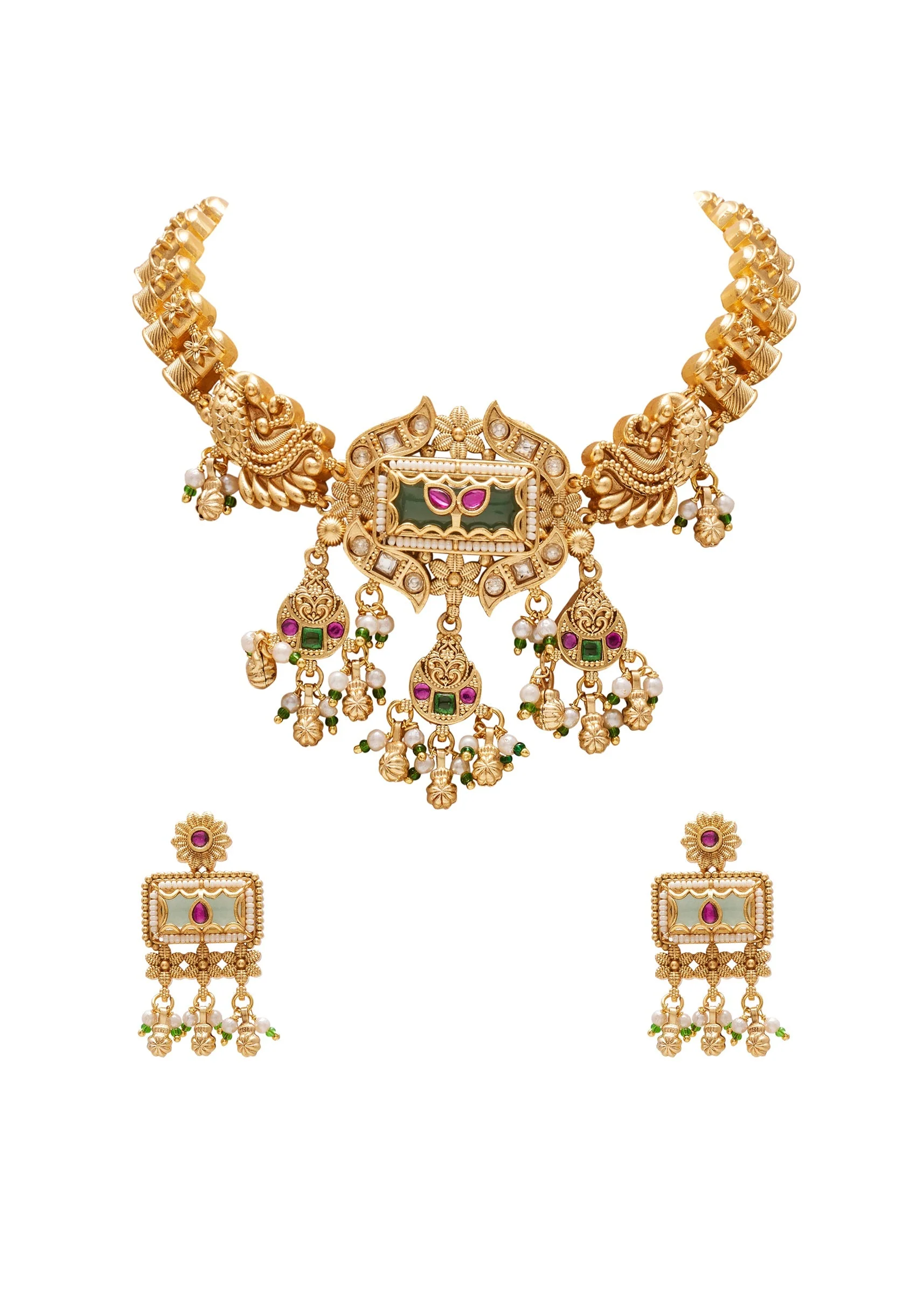 Green Rajwadi Statement Necklace Set