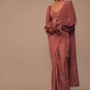 Pink Saree With Lantern Sleeved Blouse And Hand Worked Belt