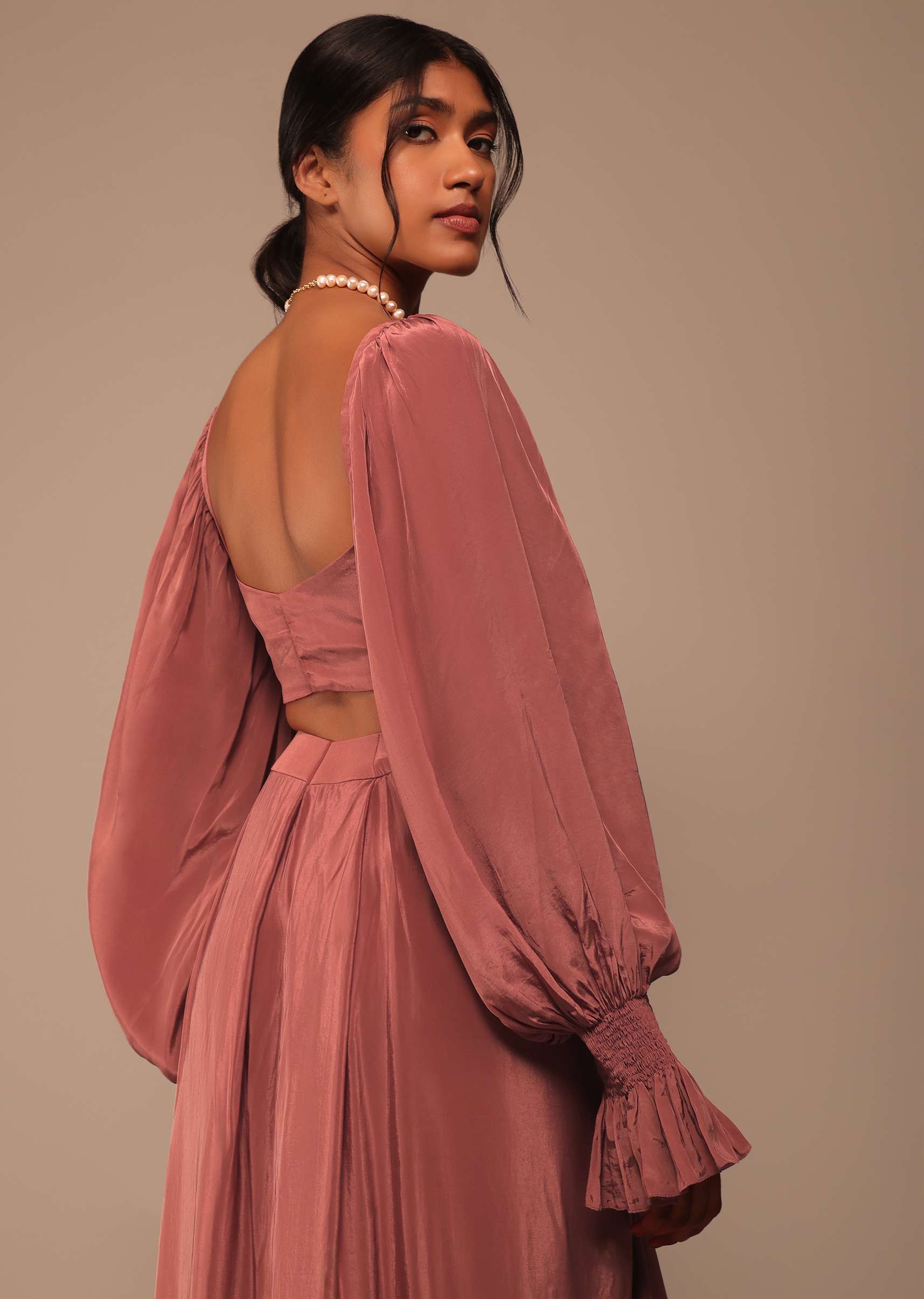 Pink Saree With Lantern Sleeved Blouse And Hand Worked Belt