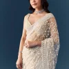 Off White Net Jaal Embellished Saree with Unstitched Blouse
